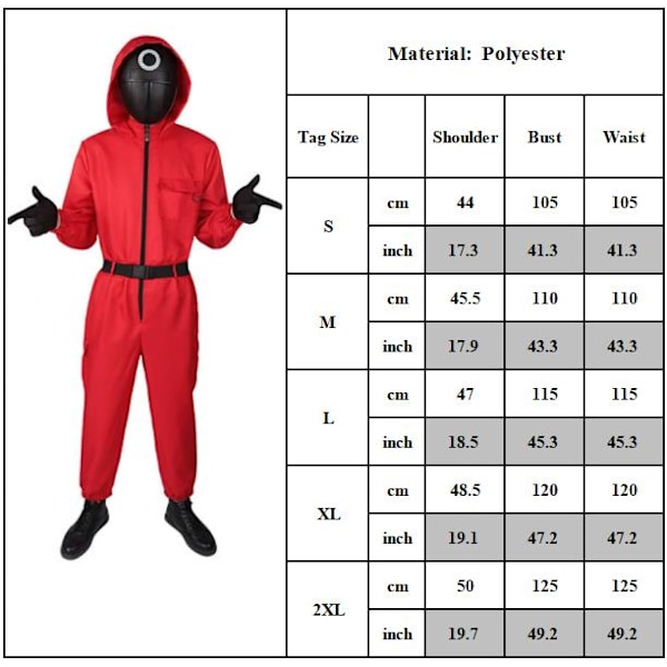 Unisex Svart Röd Squid Game Dräkt för Kvinnor och Män - Halloween Kostym med Blixtlås Red + Circular Mask 2XL Red + Circular Mask 2XL