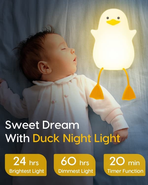 Cute Duck Lamp, Soft Duck Lamp, Dimmable Silicone Night Light for Kids Room, Rechargeable LED Bedside Lamp with 20-Minute Timer and Touch Control.