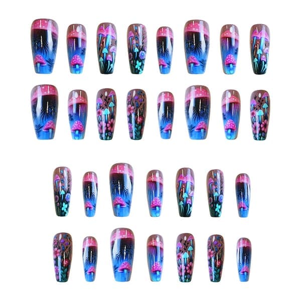 Mushroom Press-on nails Medium ballet-shaped false nails Fantasy mushroom and flower pattern design Glitter nails Full coverage Colorful stick