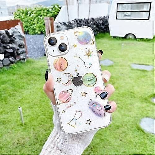 iPhone 13 Star Case, Transparent Soft Silicone Case with Design Bling Stars Moon Space Shiny Ultra-thin Glitter Protective Case Cover