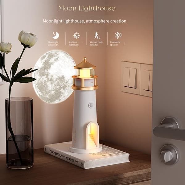 Moonlight Lighthouse Night Light with Bluetooth Speaker Remote Control LED Mood Light and Moon Projection 242mm High.