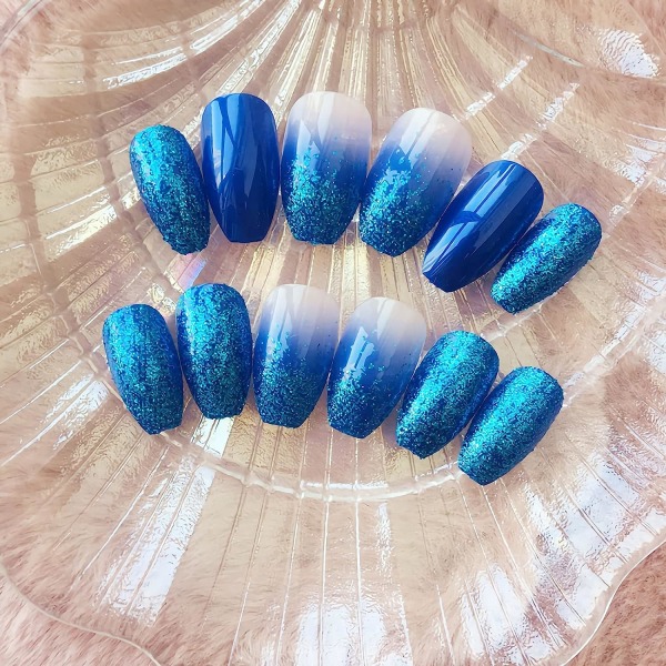 Medium Coffin Press on Nails,Blå Gradient Fake Nails,Glitter Artificiella Falska Naglar med Dubbelsidig