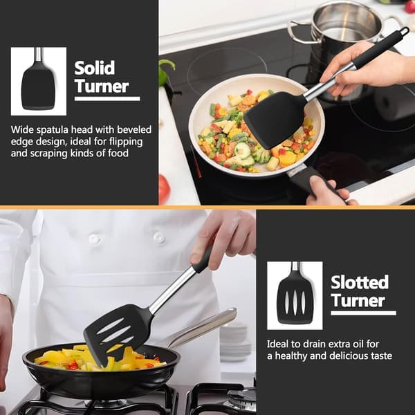 Black Kitchen Utensil Set with 4 Solid Silicone Spatulas, Slotted Spoons, Turners for Non-Stick Cookware, Flipping, Mixing, Heat Resistant