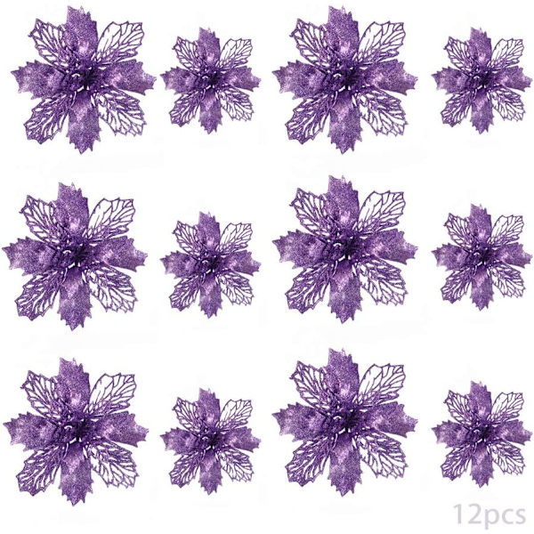 24 st julblommor, julblommor dekoration, julgransprydnader glitter julstjärna, glitter julgran, konstgjorda blommor