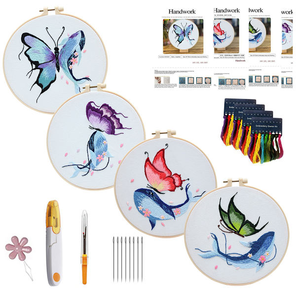 4 set broderikit för nybörjare vuxna, broderikit för nybörjare vuxna, blommigt broderikit, broderikit för nybörjare