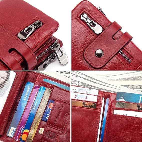 RFID Blocking Bi-fold Wallets for Men with Double Zipper, Coin Pocket and Anti-theft Chain