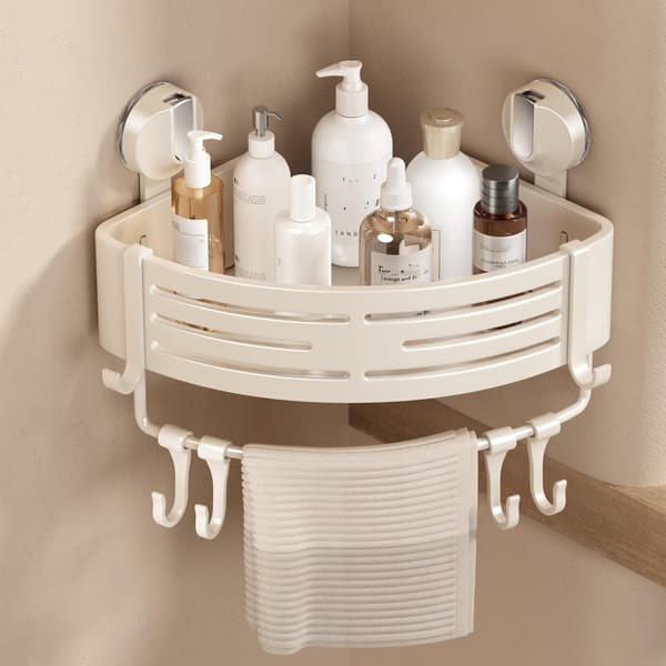 Corner Shower Shelf, Suction Cup Shower Caddy, Drill-Free Corner Bathroom Organizer with Towel Bar and Hooks