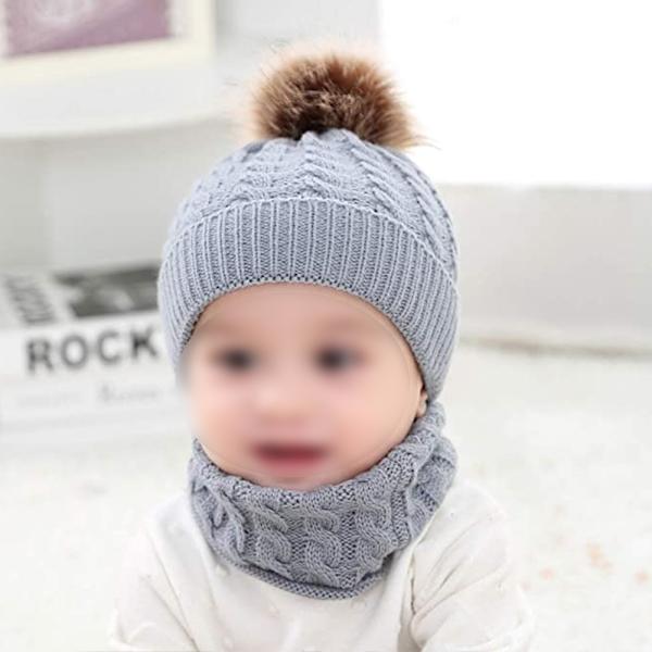 Barn Vinter Pom Beanie Hat Scarf Set för Små Flickor Varmt Stickat Fleece Foder Slouchy Skull Cap beige