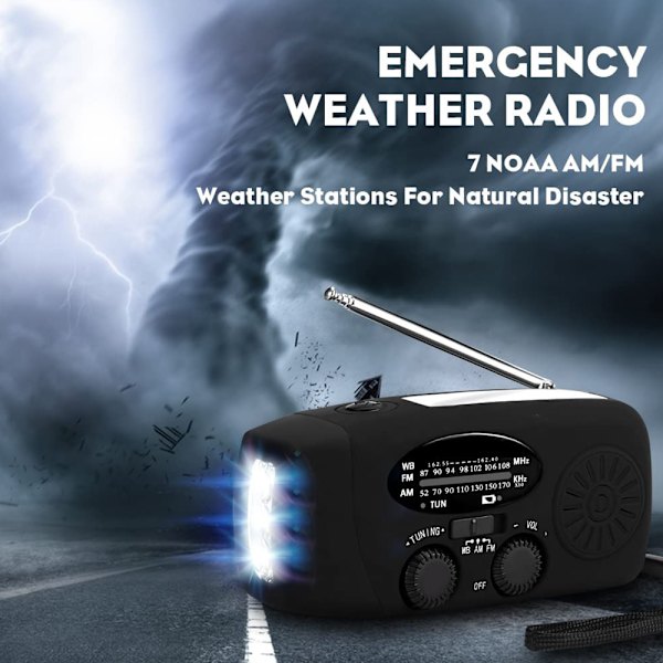 Handvevradio med ficklampa för nödsituationer, bärbar solradio, självdriven AM/FM NOAA väderradio Powerbank mobiltelefonladdare, USB