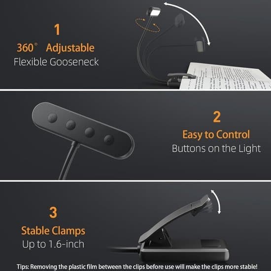 LED Book Reading Light Rechargeable Clip Lamp with 3 Light Modes 315° Rotatable Dimmable Bedside Lamp for Reading (Black)
