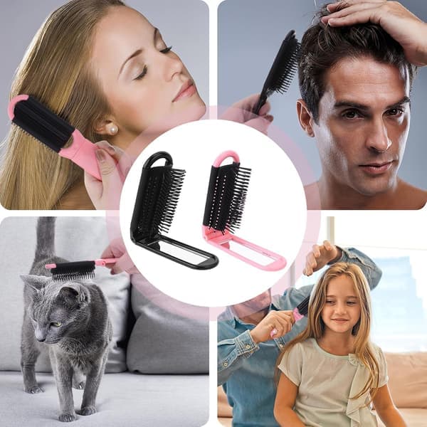 Compact Travel Hair Brush with Mirror and Massage Comb - 2-piece Foldable Mini Purse Brush.