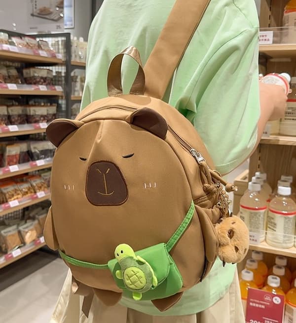 Backpack, 15L Holds laptop in compartment, With Capybara pendant, Brown