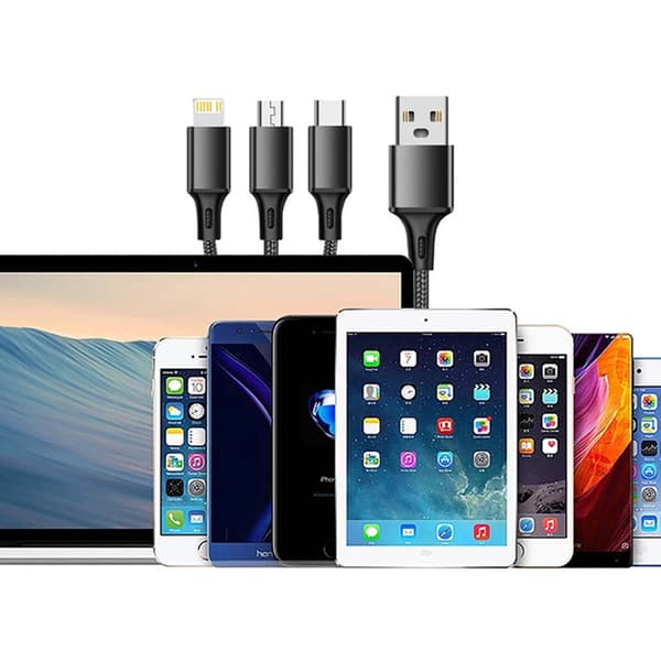 3-i-1 Ladekabel | Hurtiglading Type-C, Micro USB & Lightning 1,2m