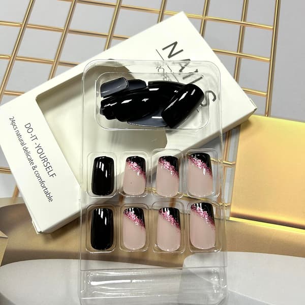 False Nails Medium Square Black False Nails Artificial Acrylic Nails Pink Glitter Powder Sequins Design French False Nails Full Coverage Gloss