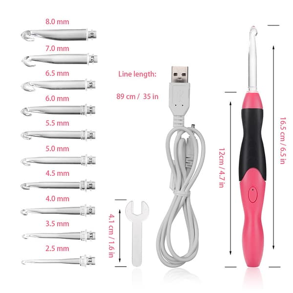 i 1 USB oppladbart LED-lys heklenålesett med rosa etui
