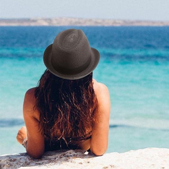 Solhatt for kvinner, kort brem, Panama reisefedora, sommerhatt, sammenrullbar strandlue for kvinner UPF 50+