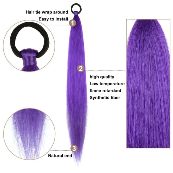 2-pakke lilla hestehaleforlengelse med elastisk knyting, rett, elegant omslagsflette, hestehale 26 tommer (lilla#)