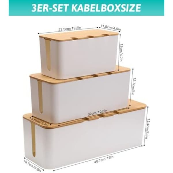 Set of 3 Cable Storage Boxes, Cable Management Boxes, Cable Storage Boxes with Bamboo Lid, Cable Storage Boxes to Hide Cables. Organize