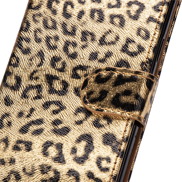 Läderfodral med ställ/kortplats leopard guld, iPhone 11 Pro guld