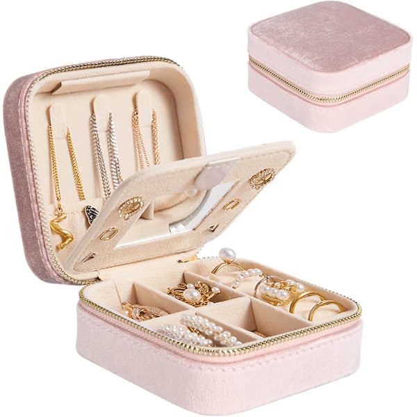 mu Mini Smyckeskrin Organiser, Bärbar Resesmyckeskrin, Sammets Dubbelskikts Smyckespåse med Spegel, Ringar Örhängen Halsband Armband Jewelr Pink Pink
