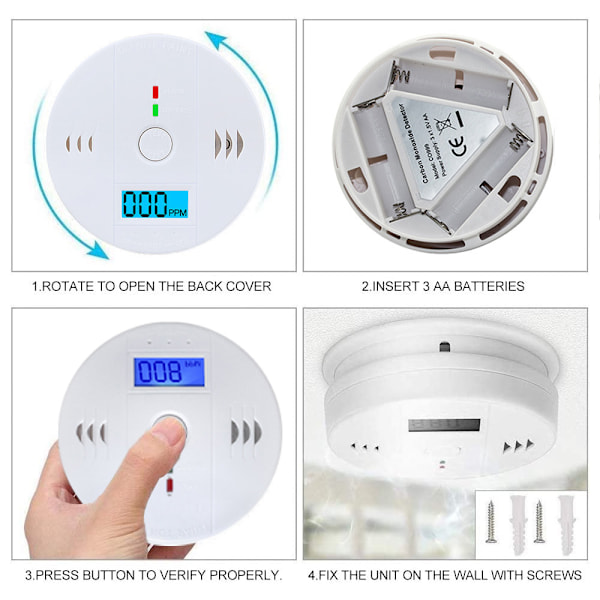 3 st CO-larmdetektor sensor batteridriven med LCD-display för hus kök sovrum vardagsrum