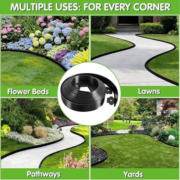 L-shaped Landscape Edging - Grass and Stone Separator / Retaining Edge - 1.5 inch Height x 2 inch Width (10-meter Roll; Includes 30 Anchoring Spikes)