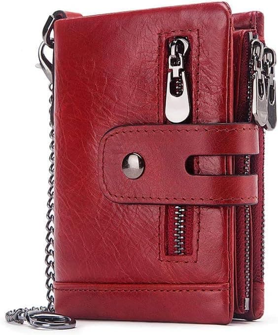 RFID Blocking Bi-fold Wallets for Men with Double Zipper, Coin Pocket and Anti-theft Chain