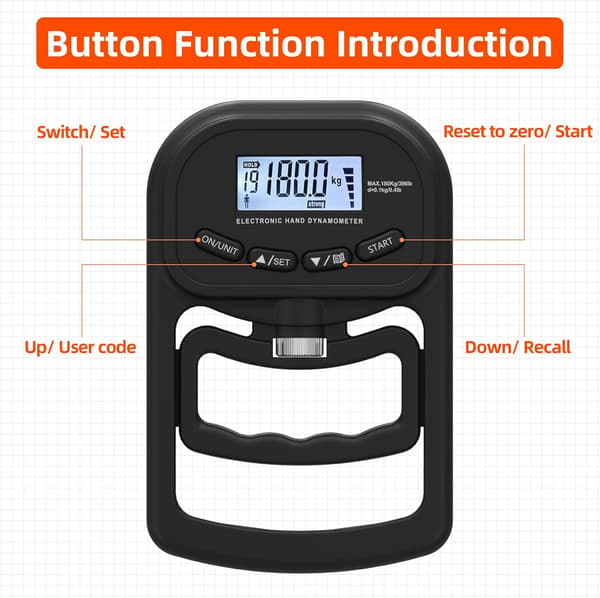 396lbs/180kg Håndgrebstræner, Genopladelig Elektronisk Hånddynamometer, Digital Håndgreb Styrketester med LCD-display, Justerbart Håndgreb sort