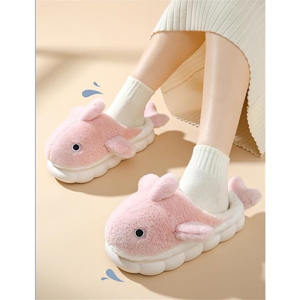 Plush Hemtofflor för Män och Kvinnor, Cartoon Haj Djur Bomulls-tofflor, Vinter Inomhus Varma Tofflor, Mjuka och Bekväma Tjocksulor Pink 38-39 Pink 38-39