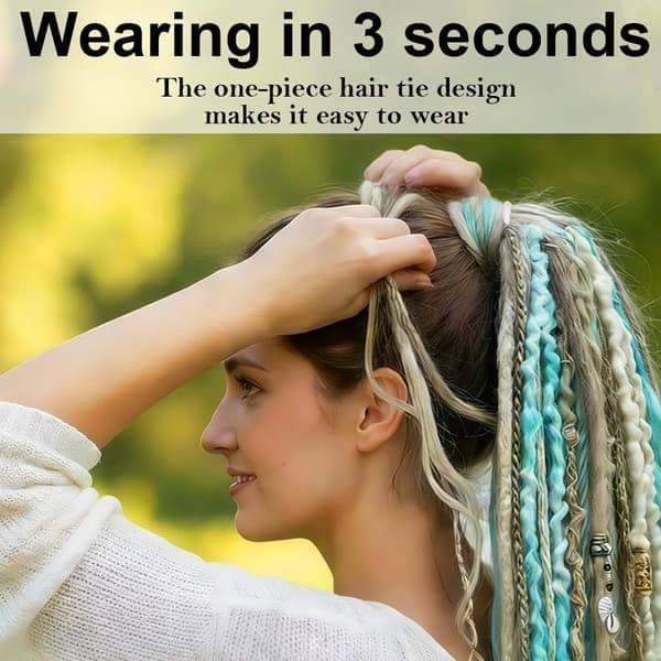 Elastisk Dread Ponytail, med Hårsnöre, Boho Flätad Ponytail Extension, med Pärlor, Snäckor och Berlocker, Handflätad Lång Dreadlock Ponytail