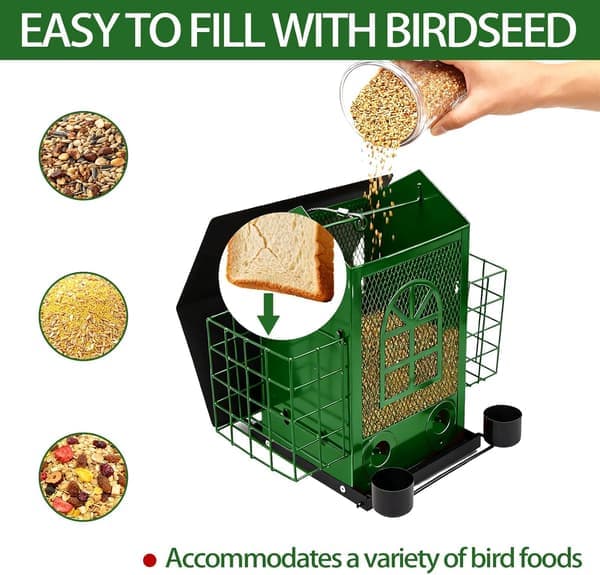Outdoor Metal Bird Feeder Large Capacity Premium Wild Bird Feeder (Includes Bread Compartment) Metal Mesh Design Multi-Compartment Storage Green
