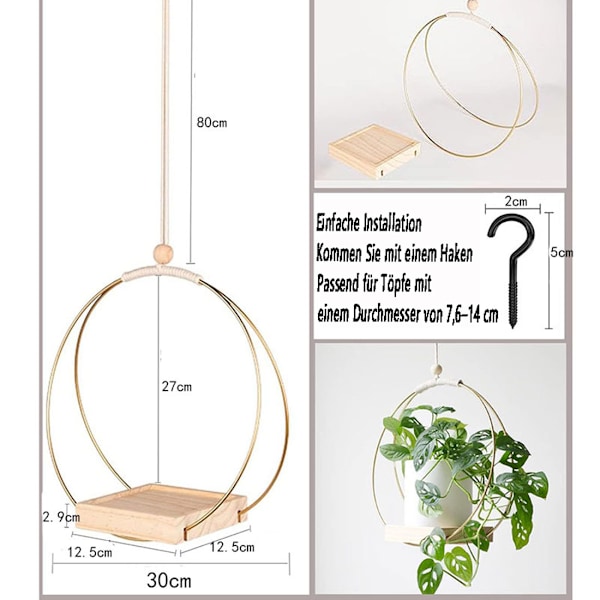Hängande planter med träbas, Macrame hängande växtkruka, Dekorativ blomkrukahållare, Växt hängande kruka för vägg, fönster, Boho gold