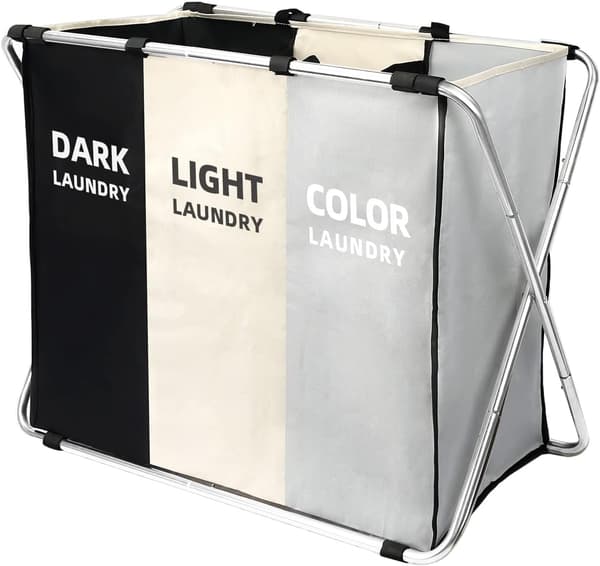 This laundry basket has a foldable design with three compartments and an aluminum frame, making it ideal for use in bathrooms and bedrooms.