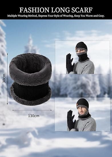 Vintermössa Halsduk Handskar Set 3-i-1 Stickad Mössa med Fluffigt Foder Pekskärmsvantar Cirkelhalsduk för Män Kvinnor