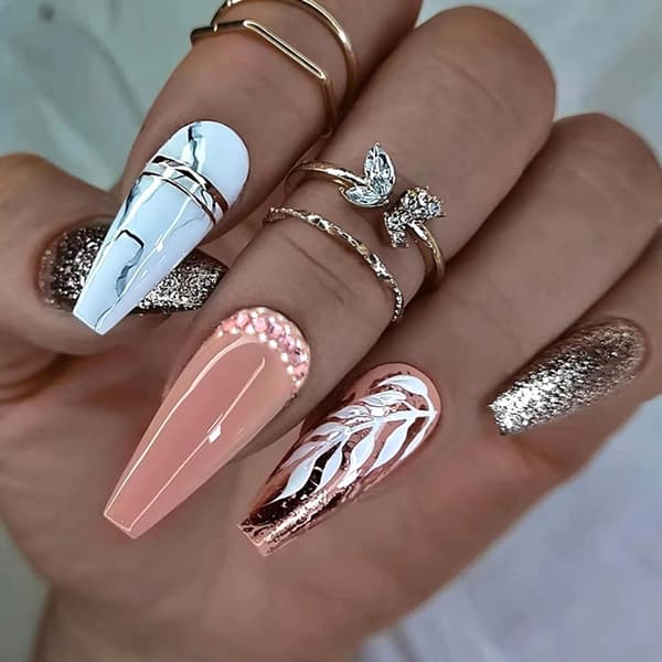 Rose Gold Glitter Press on Nails Square Extra Long Ballerina False Nails White Leaf Marble Pattern Fake Nails with Rhinestone Design Reus