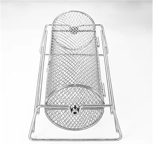 Roterende grillstativ i rustfrit stål med base, grilltilbehør til udendørs brug.