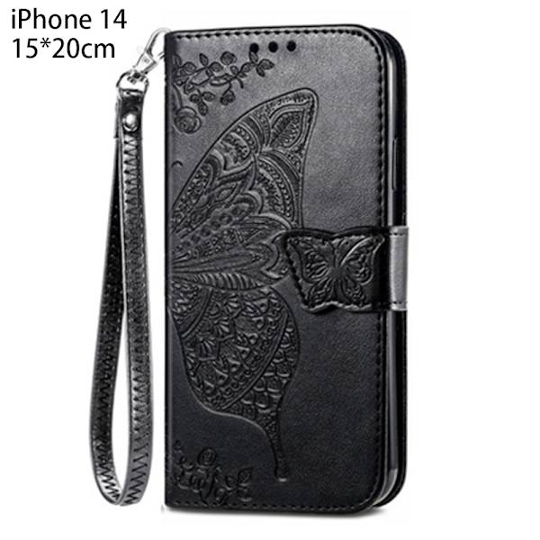 Fjärilsmönstrad PU-läderfodral med stativ, kortfack, handledsrem och flip-folio-skydd för iPhone 14