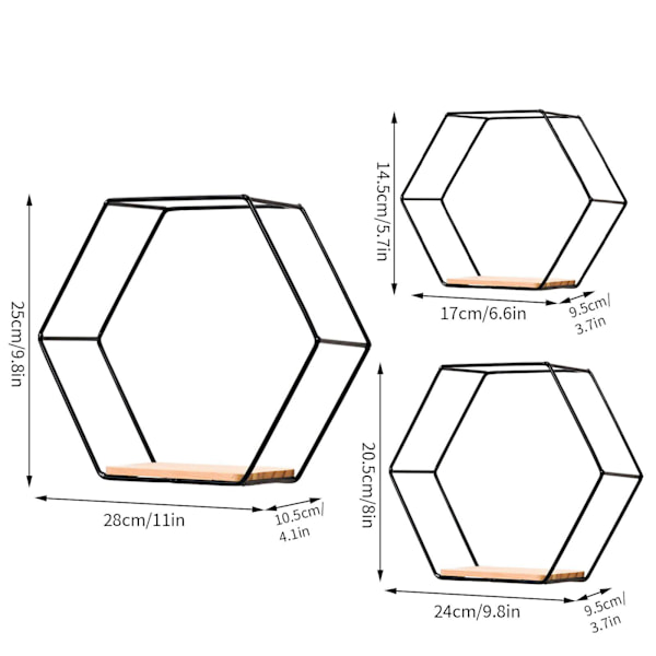 Set med 3 hexagonformade väggmonterade hyllor i metall och trä, flytande hyllor för väggförvaring, kök, badrum, sovrum, väggdekoration