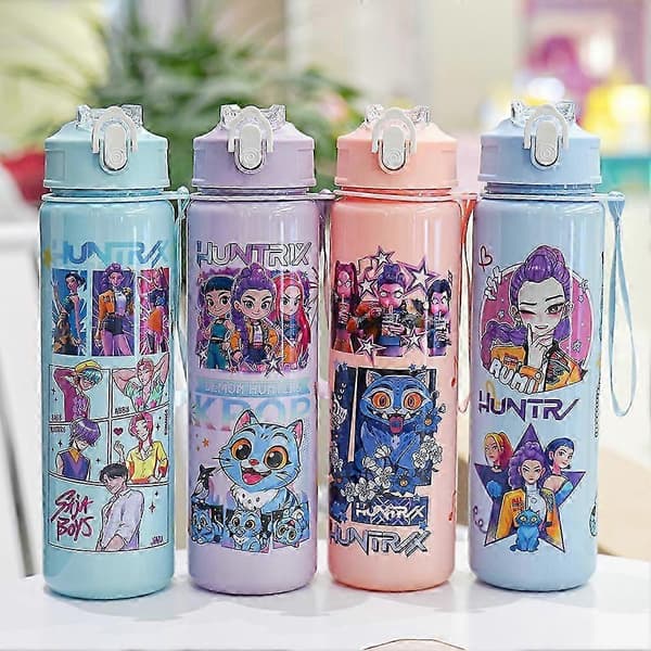 K-Pop Devil Hunter vattenflaska med sugrör, utomhusvattenflaska för barn, bärbar vattenflaska i plast, perfekt present till animefans och samlare white B