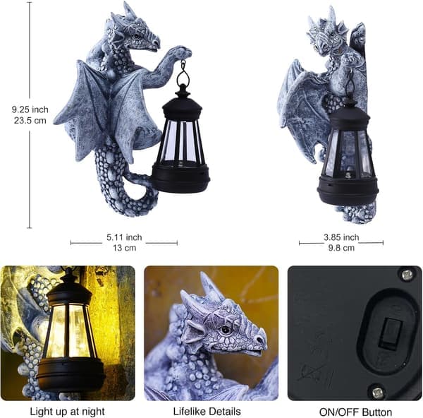 Drage Tre-klemmer Solcellelampe Hagefigur - 23,6 cm Harpiks Dragedekor for Utendørs Bruk, Perfekt Hagegave og Hagepynt