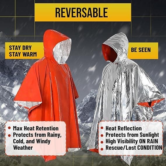 4-pack regnponchos för vuxna med Mylar-filtreringsfoder, vindtäta termiska överlevnadsponchos för camping, räddning