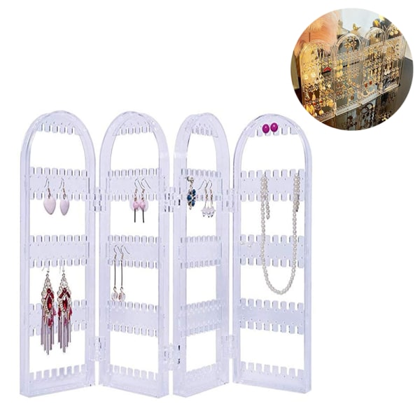 Hål Akryl örhängen Hållare för kvinnor, 4 dörrar vikbar skärm Halsband Display Rack, Hängande smycken Organizer Stand Display