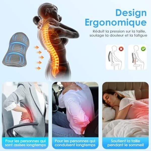 Orthopedic Lumbar Support Pillow, Ergonomic Back Cushion with Breathable Fabric, for Car, Sofa, Lower Back Pain Relief