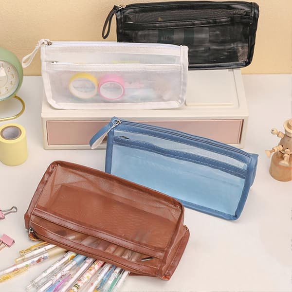 Pencil Case Transparent Large Capacity Mesh Double Layer Pen Pouch School Supplies Blue