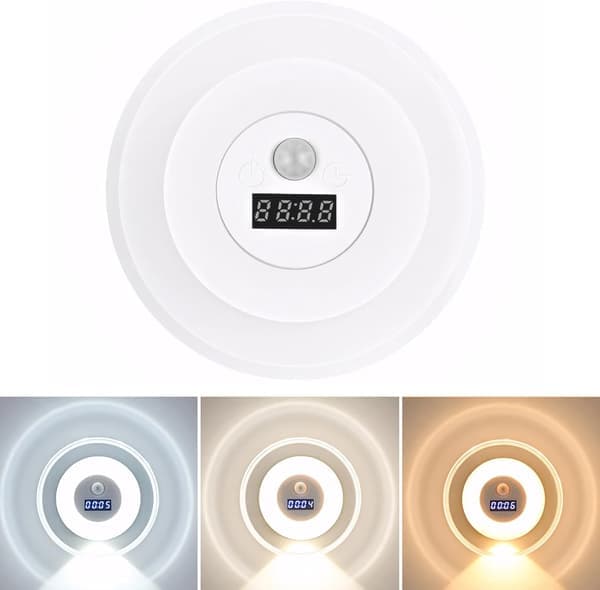 Motion-activated night light, LED wall light, sensor light with clock, rechargeable and dimmable, suitable for home decor and bedroom.