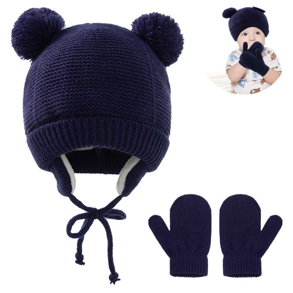 Baby Hat Cute Bear Infant Toddler Earflap Fleece Lined Beanie Warm Caps for Fall Winter With Gloves navy blue