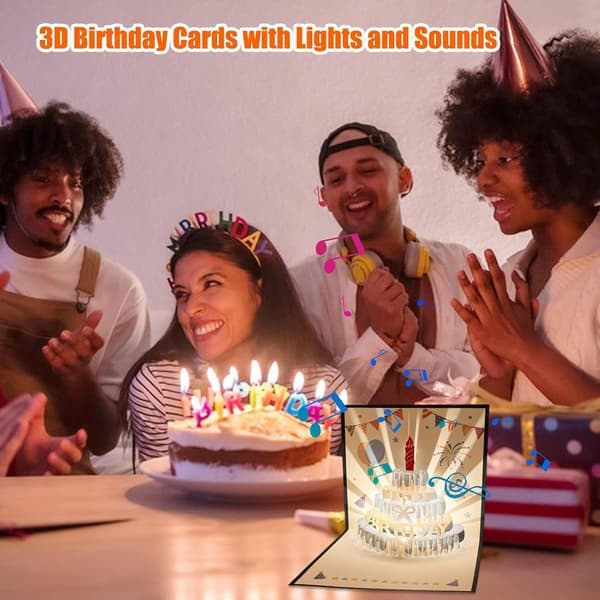 3D pop-up bursdagskort varmt LED-lys bursdagskake musikkort postkort innspillbar velsignelse