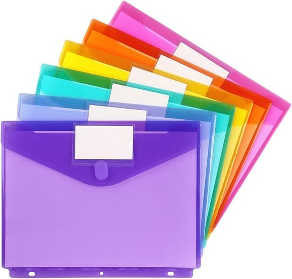 6-pak plastiklommer til ringbind med etiket, ringbinds-organizer, ringbindsdelere med lommer, A4-størrelse, assorterede farver
