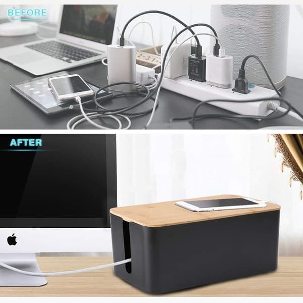 Cable Management Box/Storage Box with Bamboo Lid, Large Cable Organizer and Holder for Use with Desks, TVs, Computers, and USB Hubs.