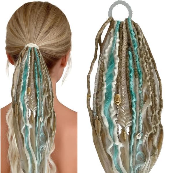 Elastisk Dread Ponytail, med Hårsnöre, Boho Flätad Ponytail Extension, med Pärlor, Snäckor och Berlocker, Handflätad Lång Dreadlock Ponytail
